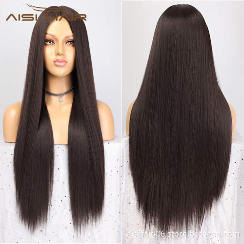 Aisi Hair Topselling Wholesale Vendor Popular Long Silky Straight Natural Wave Brown Wig For Black Women Synthetic Hair Wigs